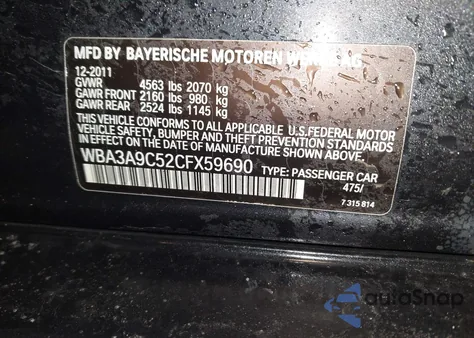 2012 BMW 335I из США, поврежденный, VIN WBA3A9C52CFX59690